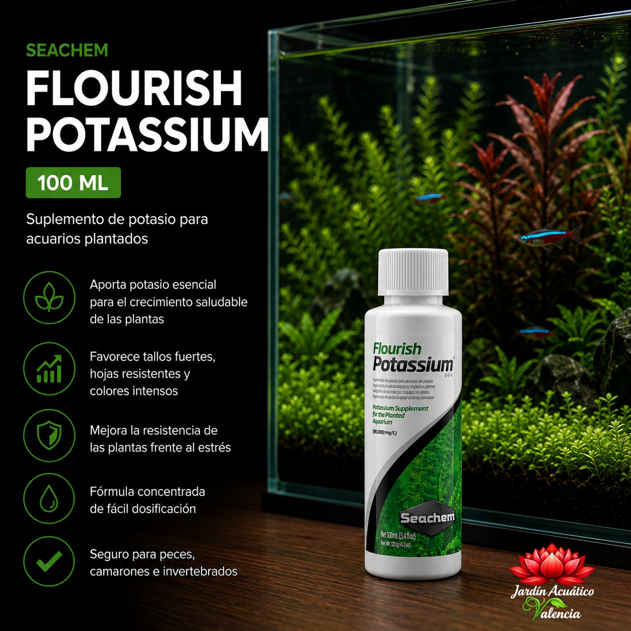 Seachem Flourish Potassium 100 ml – Potasio esencial para el crecimiento de tus plantas