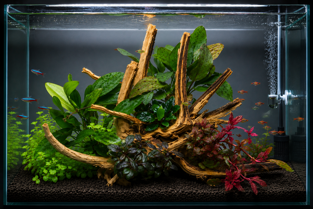 Pack premiun Aquascaping con Raíz Spider y Plantas Naturales | +60L